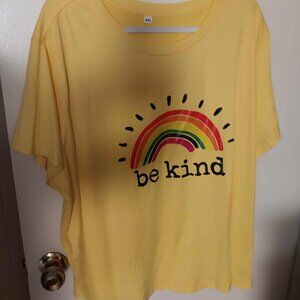 Woman's yellow with rainbow top "Be Kind"